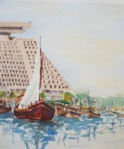 This watercolor painting depicts Doha's maritime heritage and modern skyline.