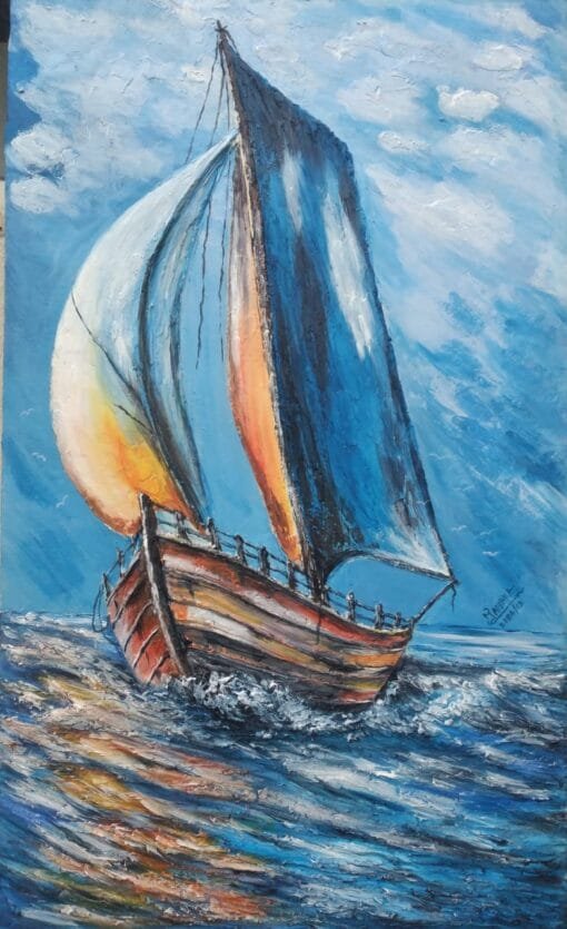 A captivating relief painting on a ceiling sheet, crafted with cement for textured depth and painted with vibrant acrylics. This artwork showcases a sailboat gliding over shimmering waters under a bright blue sky, radiating movement and adventure. Perfect for adding a nautical charm to any space.