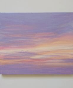 An abstract painting of a sunset sky with yellows, oranges, and pinks peaking through the purple sky to create a beautiful abstract sunset.