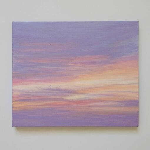 An abstract painting of a sunset sky with yellows, oranges, and pinks peaking through the purple sky to create a beautiful abstract sunset.