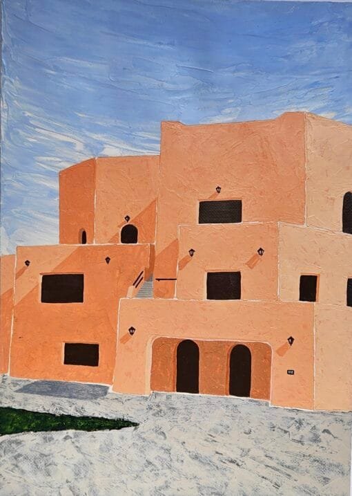 A textured acrylic painting featuring pastel coloured building of the Mina District, Qatar with an interplay of light and shadow highlighting the character of the architecture.