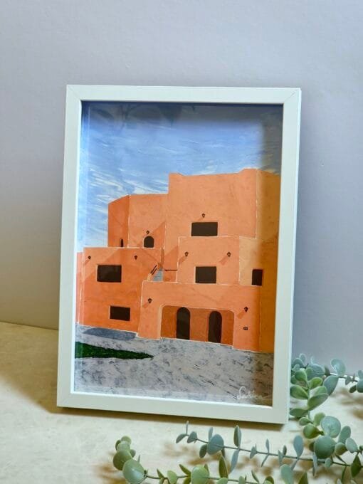 A textured acrylic painting featuring pastel coloured building of the Mina District, Qatar with an interplay of light and shadow highlighting the character of the architecture.