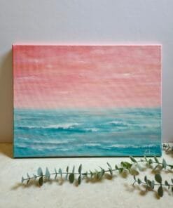 A 30x40 cm abstract seascape acrylic painting featuring beautiful peach sunset sky with the horizon blending softly into the teal waters of the ocean.