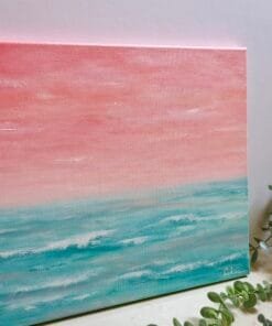 An abstract seascape acrylic painting featuring beautiful peach sunset sky with the horizon blending softly into the teal waters of the ocean.