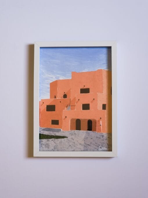 A textured acrylic painting featuring pastel coloured building of the Mina District, Qatar with an interplay of light and shadow highlighting the character of the architecture.