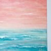 An abstract seascape acrylic painting featuring beautiful peach sunset sky with the horizon blending softly into the teal waters of the ocean.