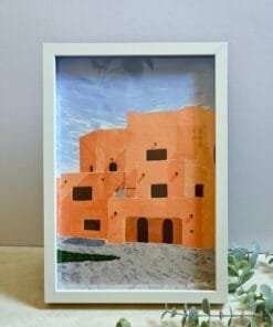 A textured acrylic painting featuring pastel coloured building of the Mina District, Qatar with an interplay of light and shadow highlighting the character of the architecture.