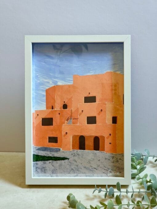 A textured acrylic painting featuring pastel coloured building of the Mina District, Qatar with an interplay of light and shadow highlighting the character of the architecture.