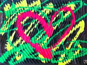 “Pink Neon Heart UV 2022 limited edition print, acrylic abstract fluorescent painting by Polish Contemporary Artist Katarzyna Goncik”