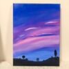 Original oil painting of a landscape with a purple and blue sky above dark rolling hills and trees, unframed.