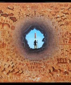 A striking visual contrast unfolds as ancient meets modern — inside a dimly lit cave adorned with primitive art, a lone caveman stands at the threshold, gazing out at a rocket piercing the sky. This evocative piece bridges the birth of human creativity with its technological zenith, symbolizing the timeless drive to explore, evolve, and reach beyond the known.