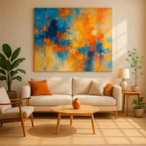 Modern living room with colorful abstract artwork – color psychology in art – ArtQart Qatar