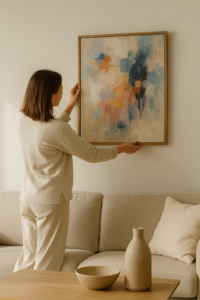 Person admiring a painting at home – owning original art in Qatar – ArtQart