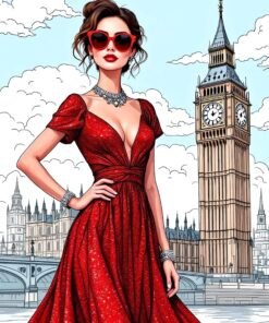 Red Dress Fashion Illustration Digital Art Instant Download